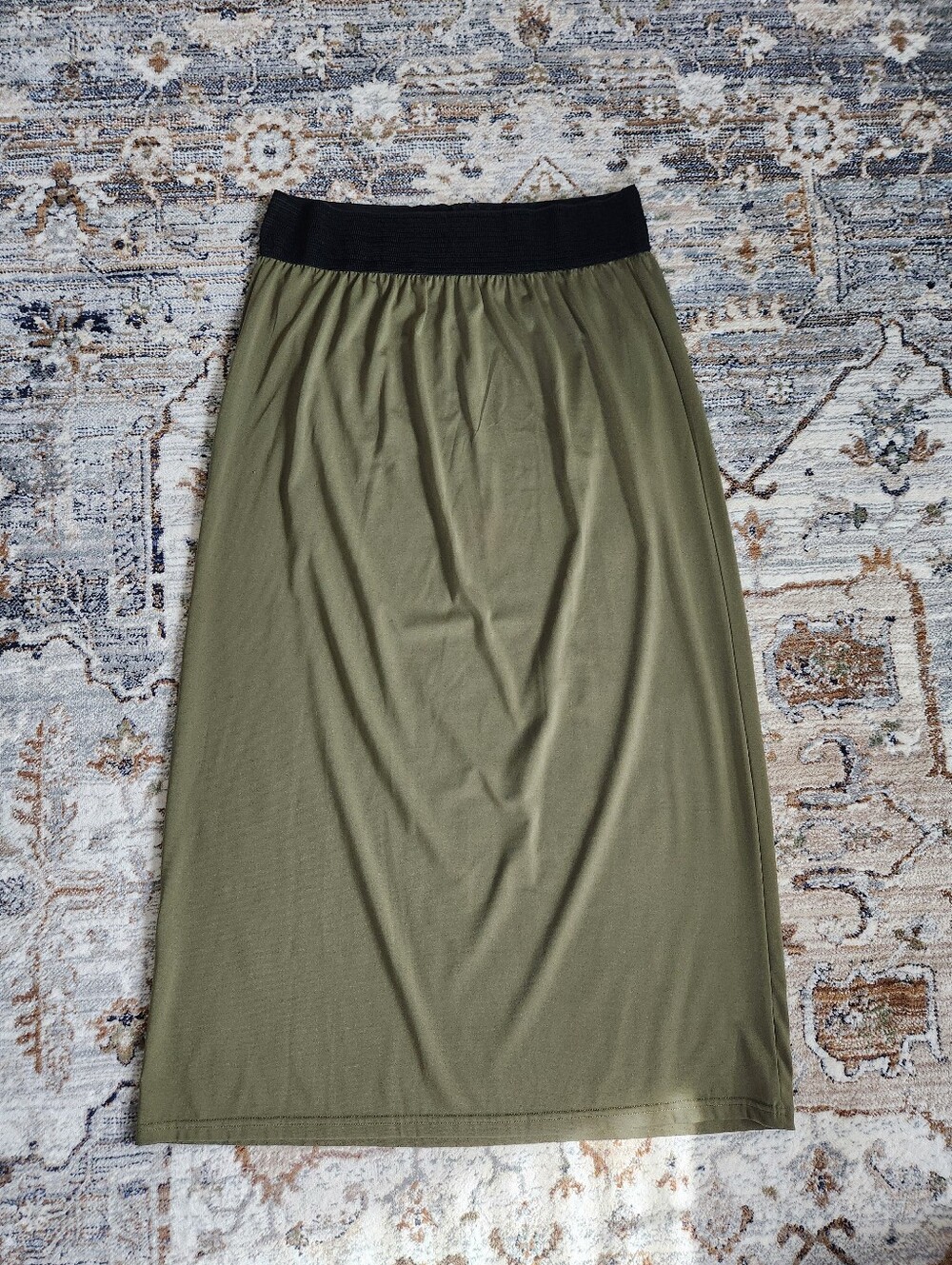 The Mainstreet Exchange - Olive Green Knit Maxi Skirt with Black Waistband